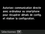 Écran Configuration sans câble : Autorisez communication directe avec ordinateur ou smartphone pour récupérer détails de config. et réaliser la configuration.